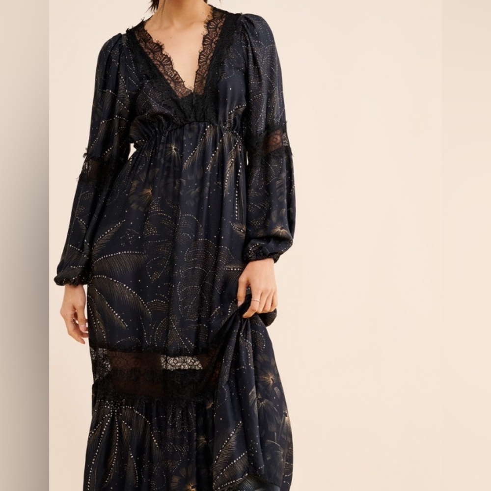 Farm Rio Black Lace Balloon Sleeve V Neck Lightweight Satin Maxi Dress Small - Picture 2 of 9